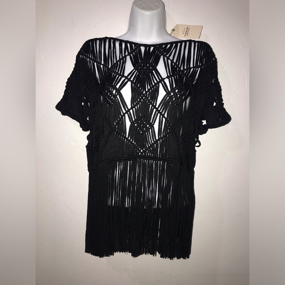 NWT Sterling And Stitch (Size Large) Macrame Fringe Top, Boho, Western, Black